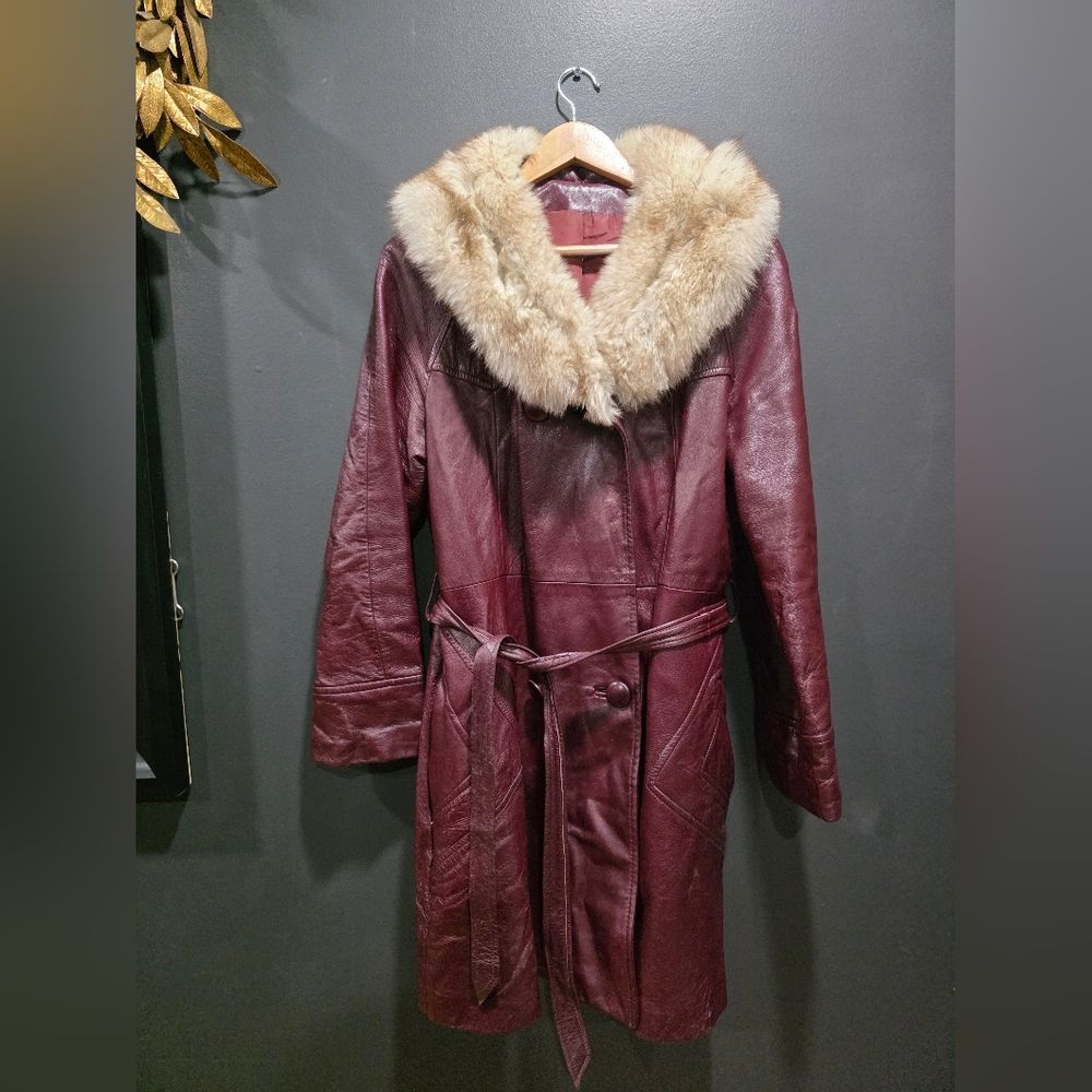 Vtg Burgundy Leather Trench Coat Genuine Fox Fur Collar Belt Midi No Size